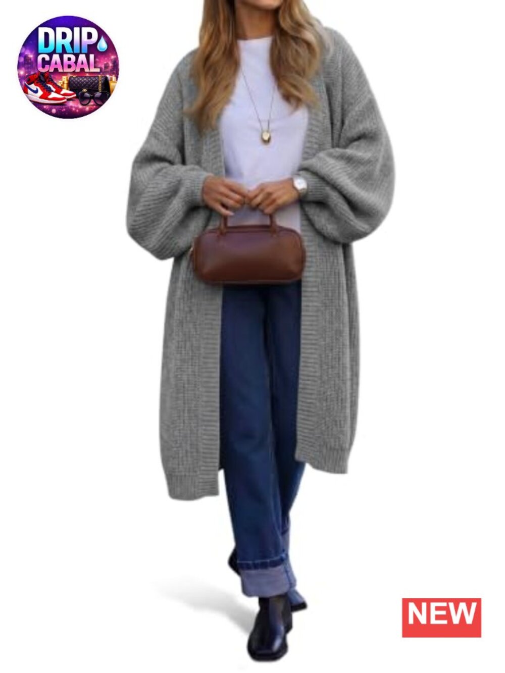 Women's Oversized Long Cardigan Chunky Knit Open Front Lantern Sleeve